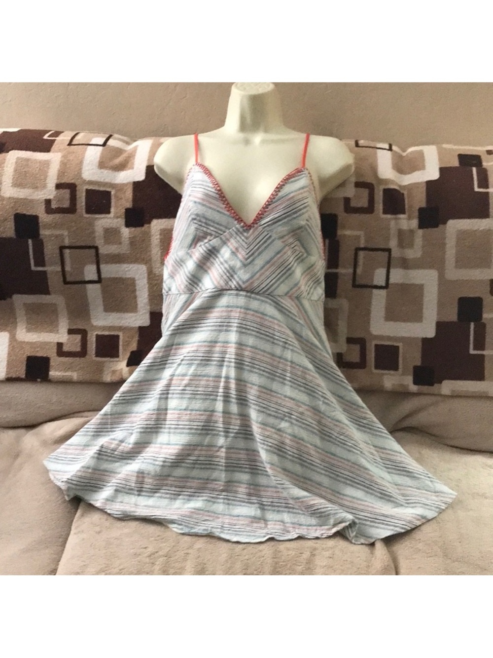 Paper Crane medium Light Blue Striped Sleeveless Sleep Chemise with Pink Trim